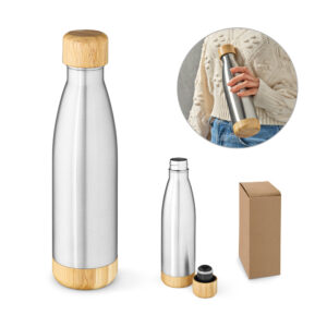 GARRAFA EM AÇO INOX COM TAMPA EM BAMBU 550 ML