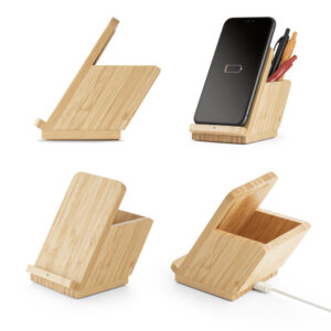CARREGADOR DE CELULAR E SUPORTE DE CANETA EM BAMBU