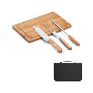 KIT CHURRASCO ESTOJO E TÁBUA EM BAMBU 3 UTENSÍLIOS
