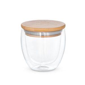 COPO DE VIAGEM BOROSSILICATO PAREDE DUPLA COM TAMPA EM BAMBU 250ML