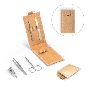 CONJUNTO DE MANICURE EM CORTIÇA COM PEÇAS EM AÇO INOX