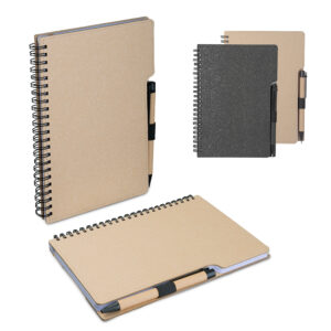 CADERNO A5 CAPA EM PAPELÃO RECICLADO C/ CANETA
